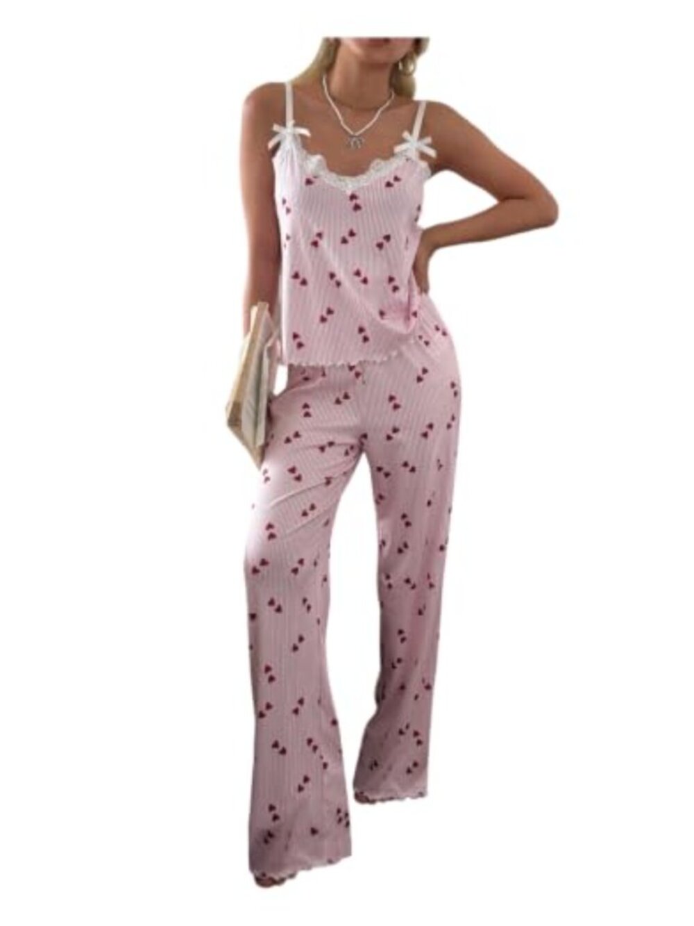 Women's Ribbed Pajama Set Lace Bow Camisole Pants Lounge Sleepwear